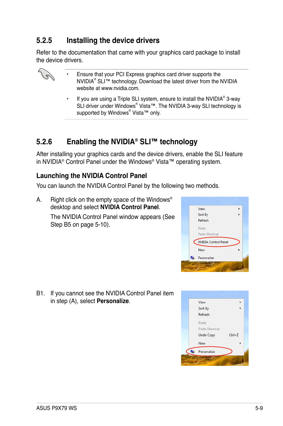 5 installing the device drivers, 6 enabling the nvidia® sli™ technology, Installing the device drivers -9 | Enabling the nvidia, Sli™ technology -9, 6 enabling the nvidia, Sli™ technology, Launching the nvidia control panel | Asus P9X79 WS User Manual | Page 179 / 186