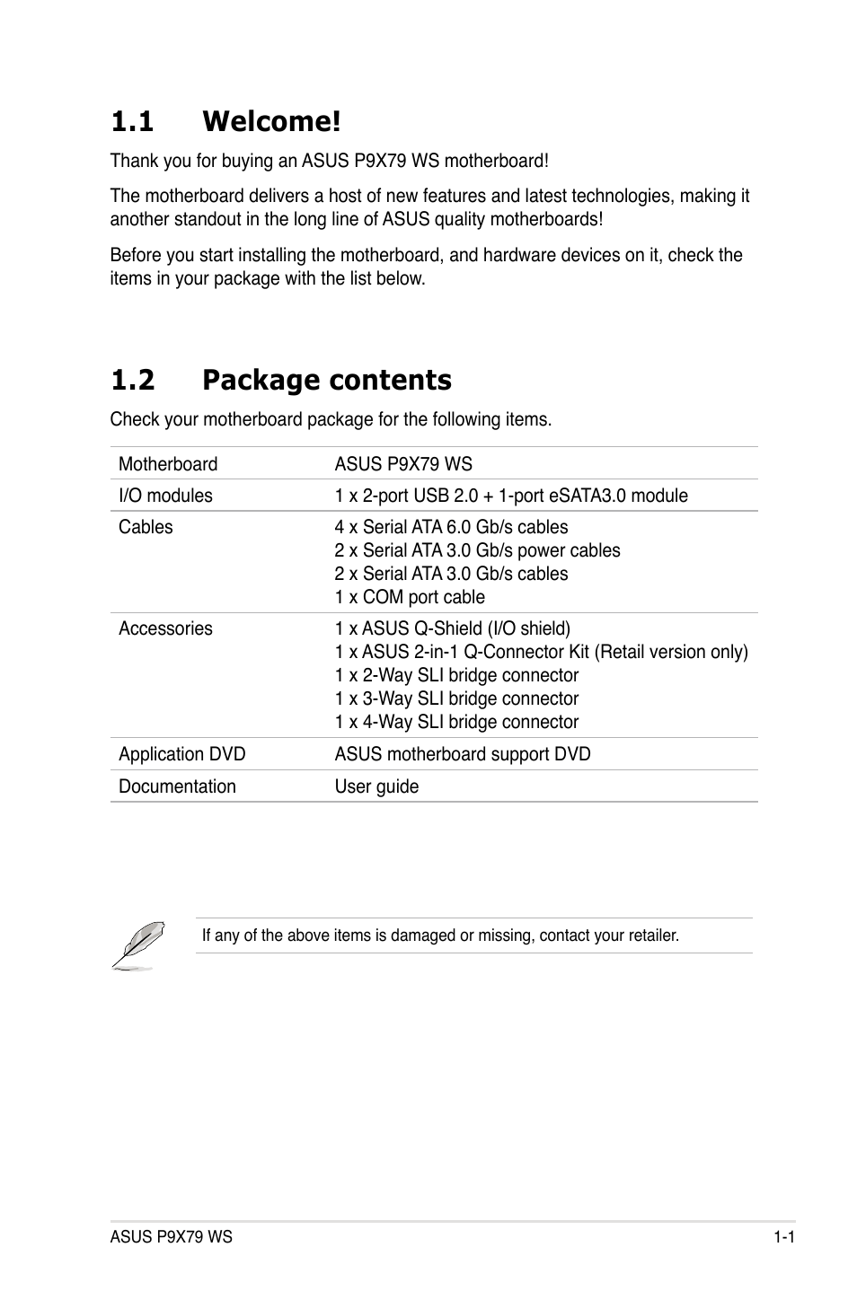 1 welcome, 2 package contents, Welcome! -1 | Package contents -1 | Asus P9X79 WS User Manual | Page 19 / 186