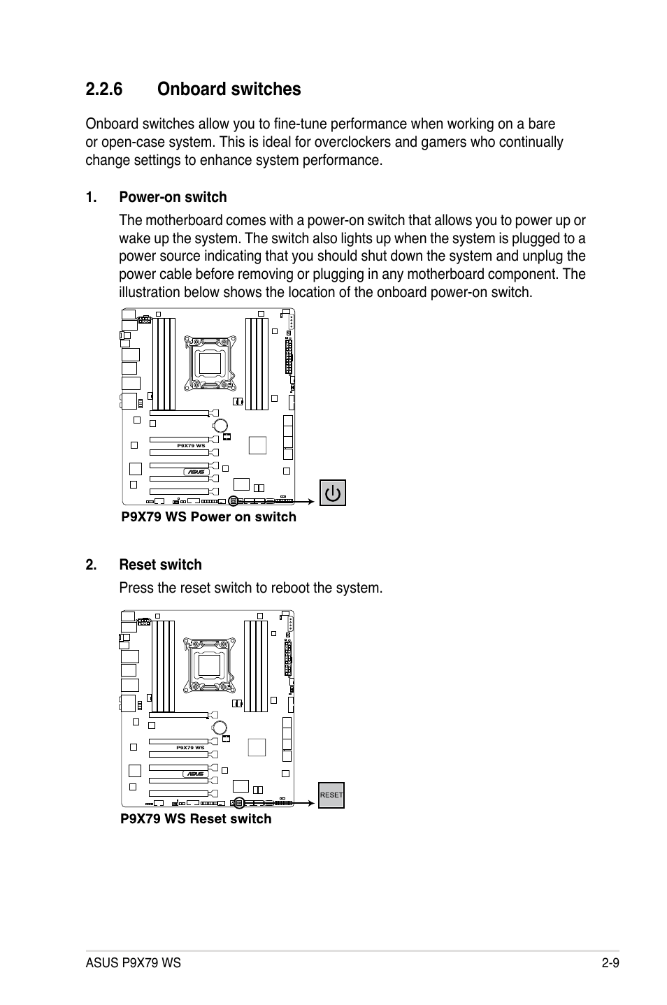 6 onboard switches, Onboard switches -9 | Asus P9X79 WS User Manual | Page 37 / 186