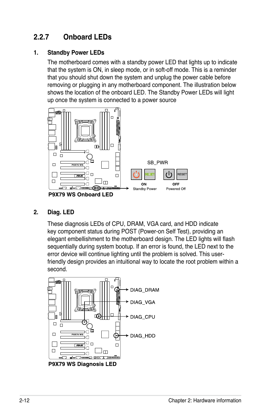 7 onboard leds, Onboard leds -12 | Asus P9X79 WS User Manual | Page 40 / 186