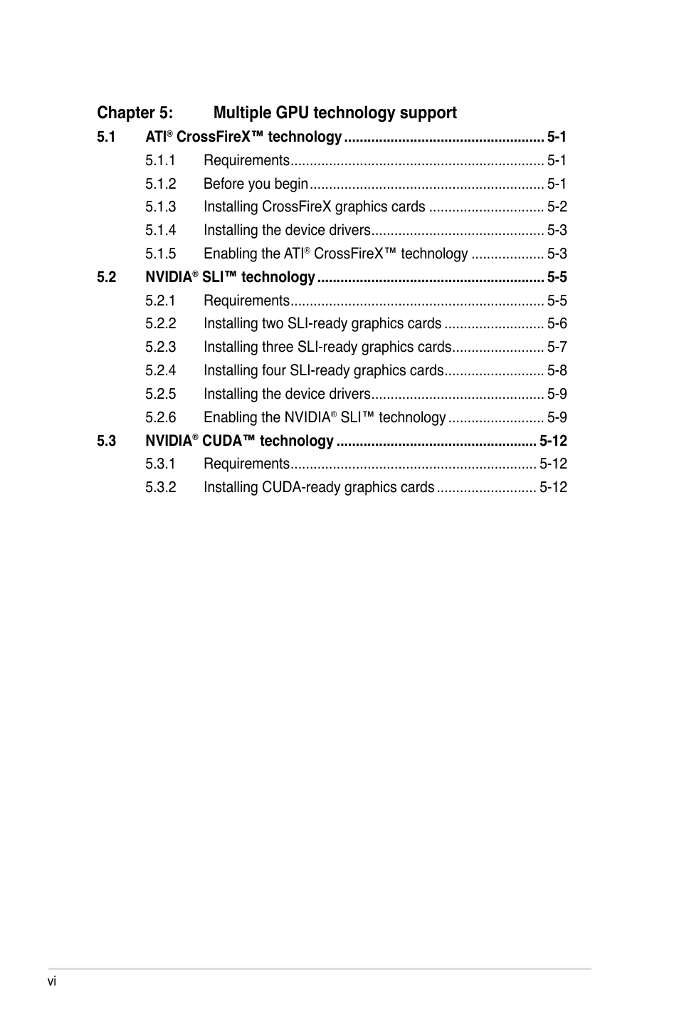 Chapter 5: multiple gpu technology support | Asus P9X79 WS User Manual | Page 6 / 186