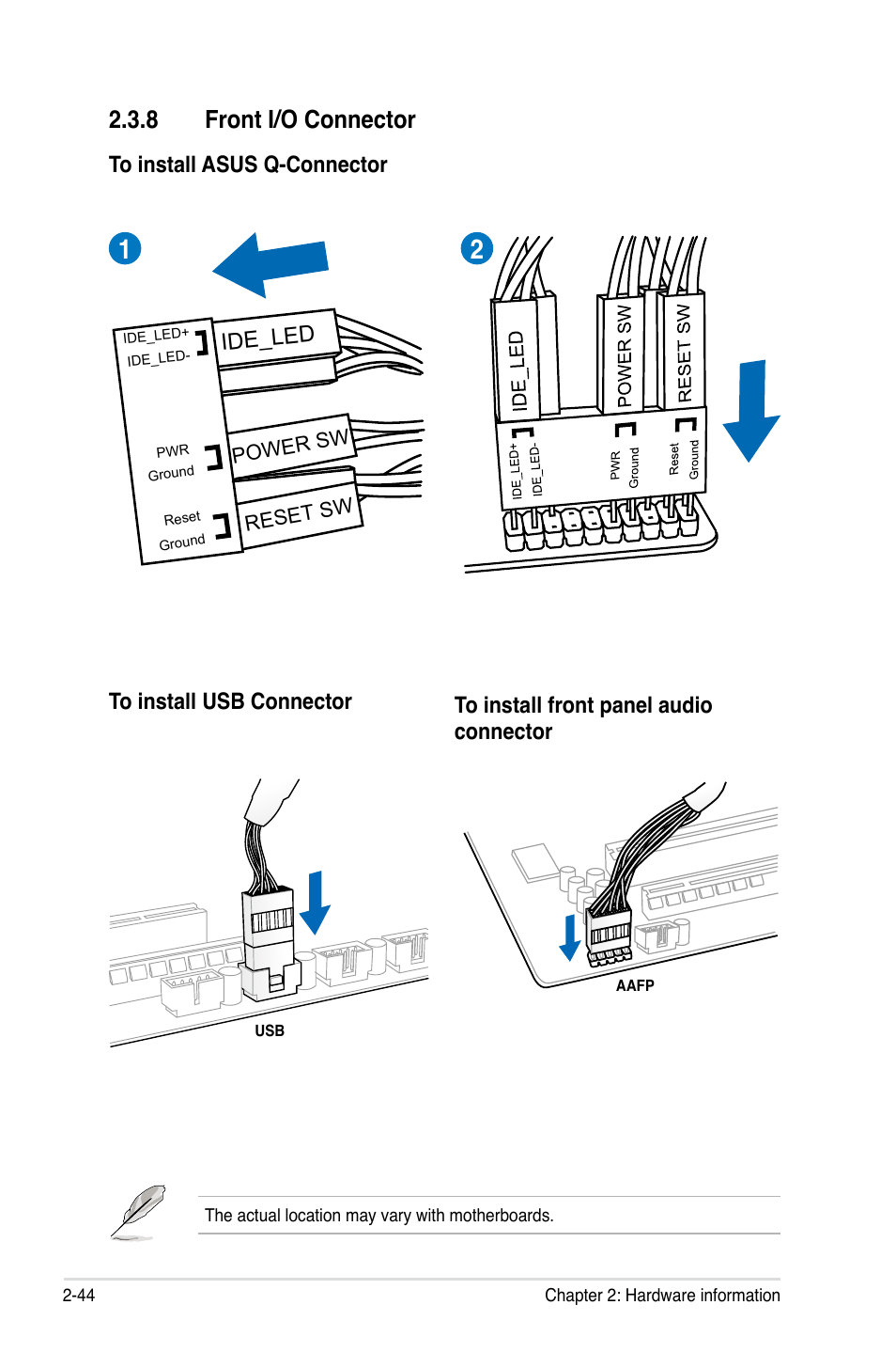 8 front i/o connector, Front i/o connector -44, Ide_led | Asus P9X79 WS User Manual | Page 72 / 186