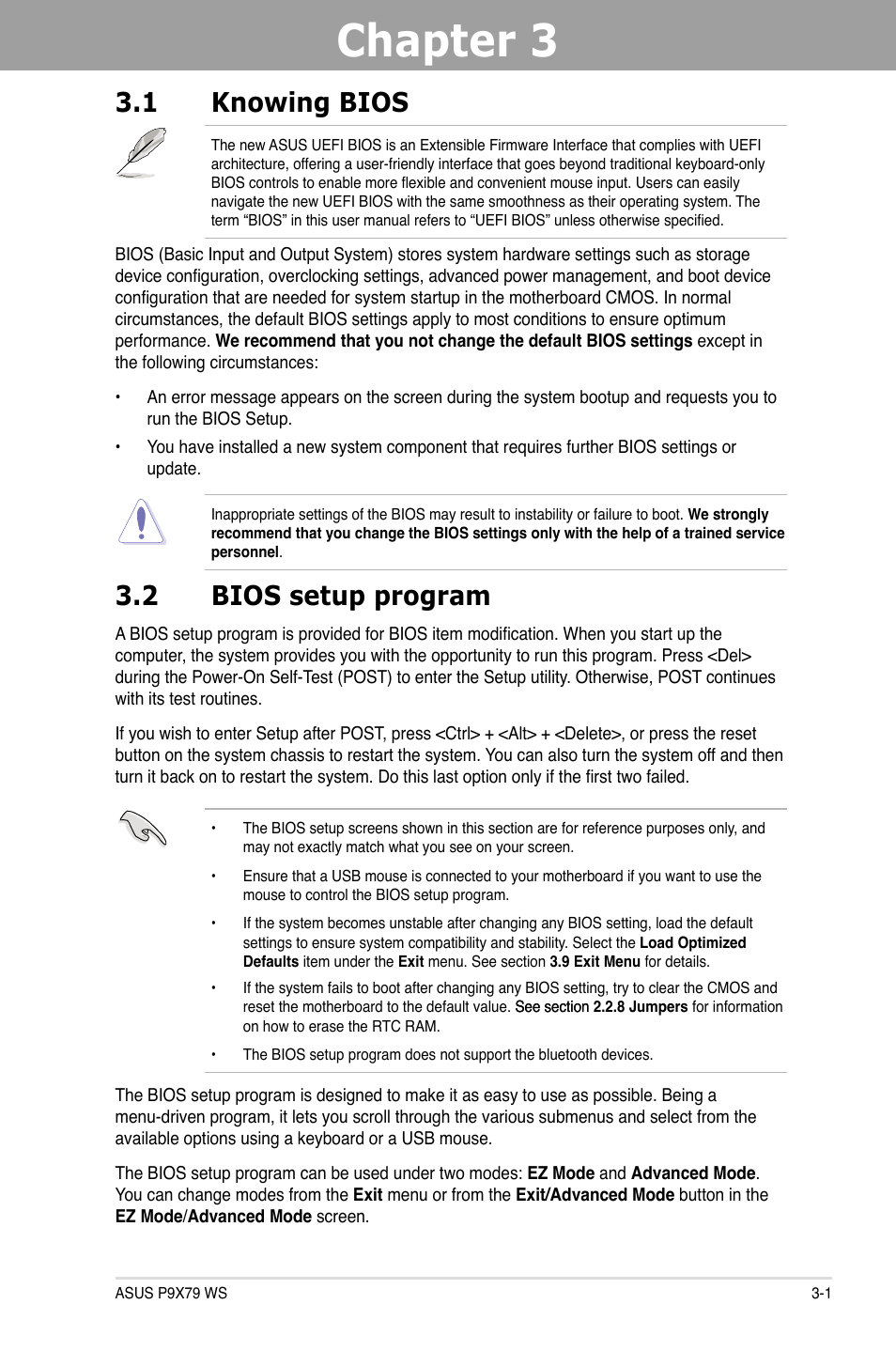 Chapter 3: bios setup, 1 knowing bios, 2 bios setup program | Chapter 3, Bios setup, Knowing bios -1, Bios setup program -1 | Asus P9X79 WS User Manual | Page 81 / 186