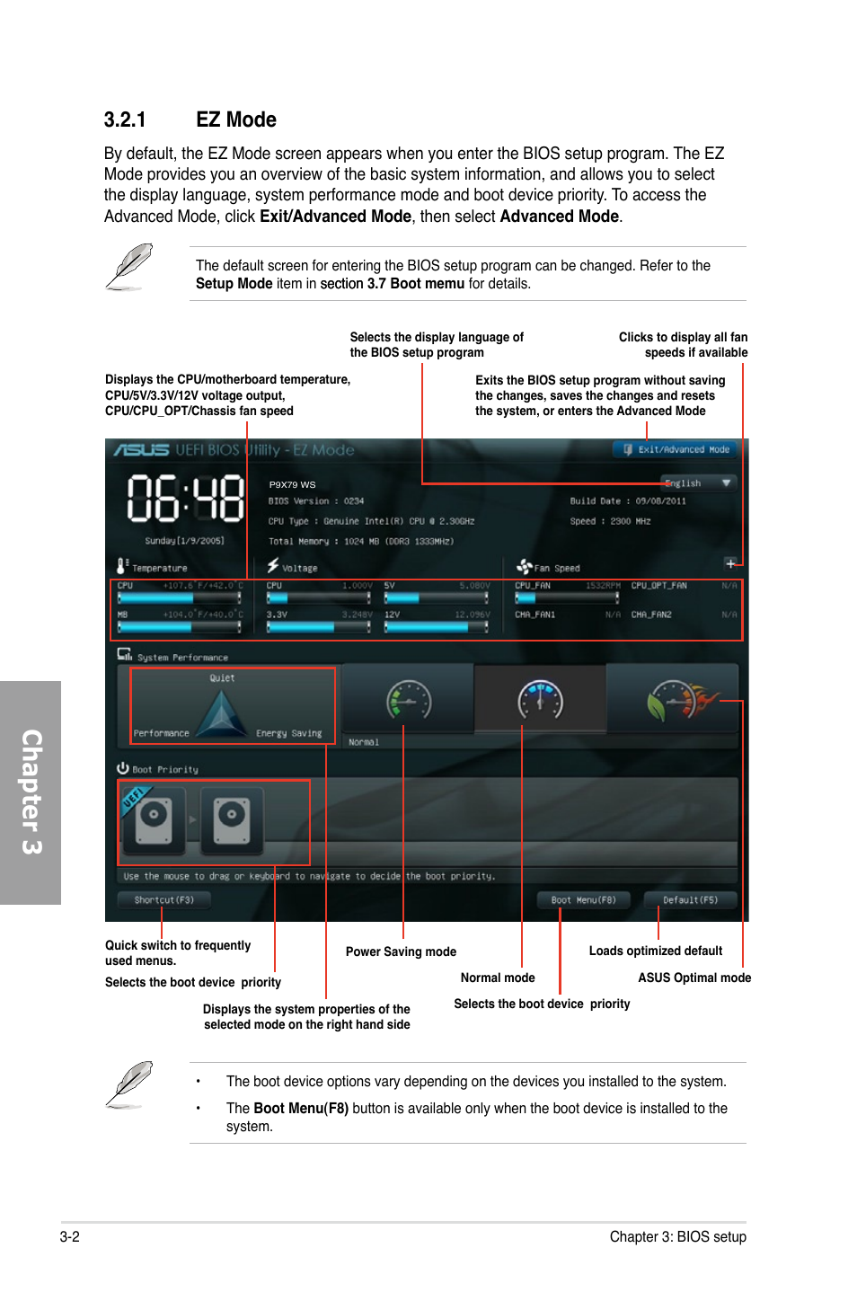 1 ez mode, Ez mode -2, Chapter 3 | Asus P9X79 WS User Manual | Page 82 / 186