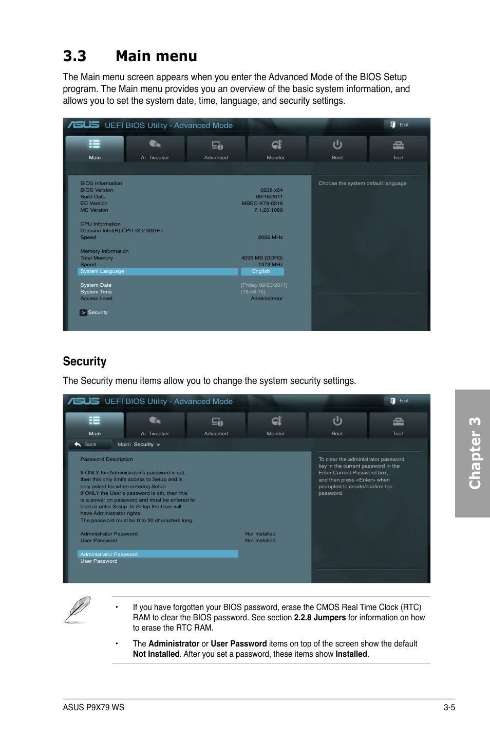 3 main menu, Main menu -5, Chapter 3 3.3 main menu | Security | Asus P9X79 WS User Manual | Page 85 / 186