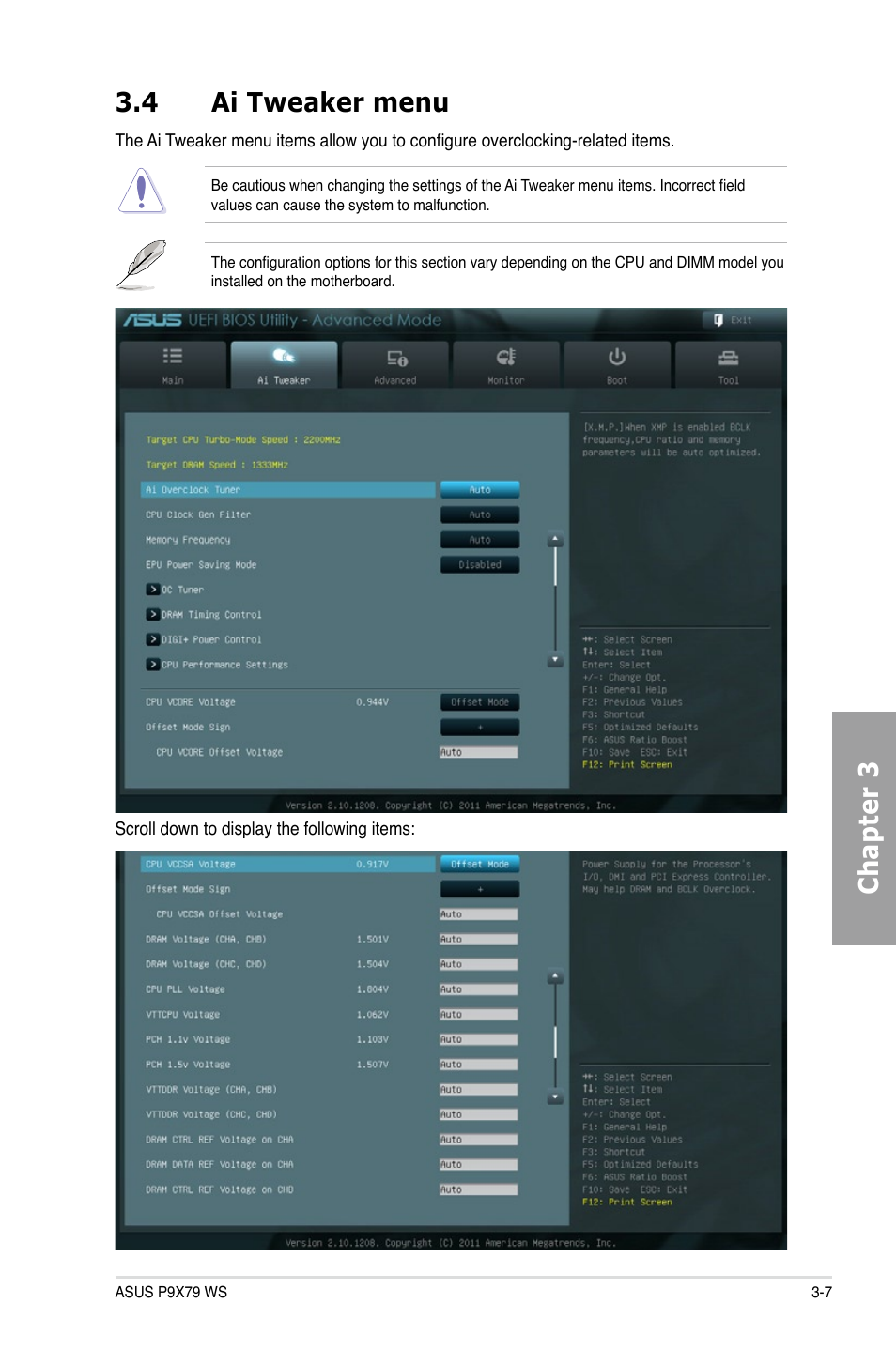 4 ai tweaker menu, Ai tweaker menu -7, Chapter 3 3.4 ai tweaker menu | Asus P9X79 WS User Manual | Page 87 / 186