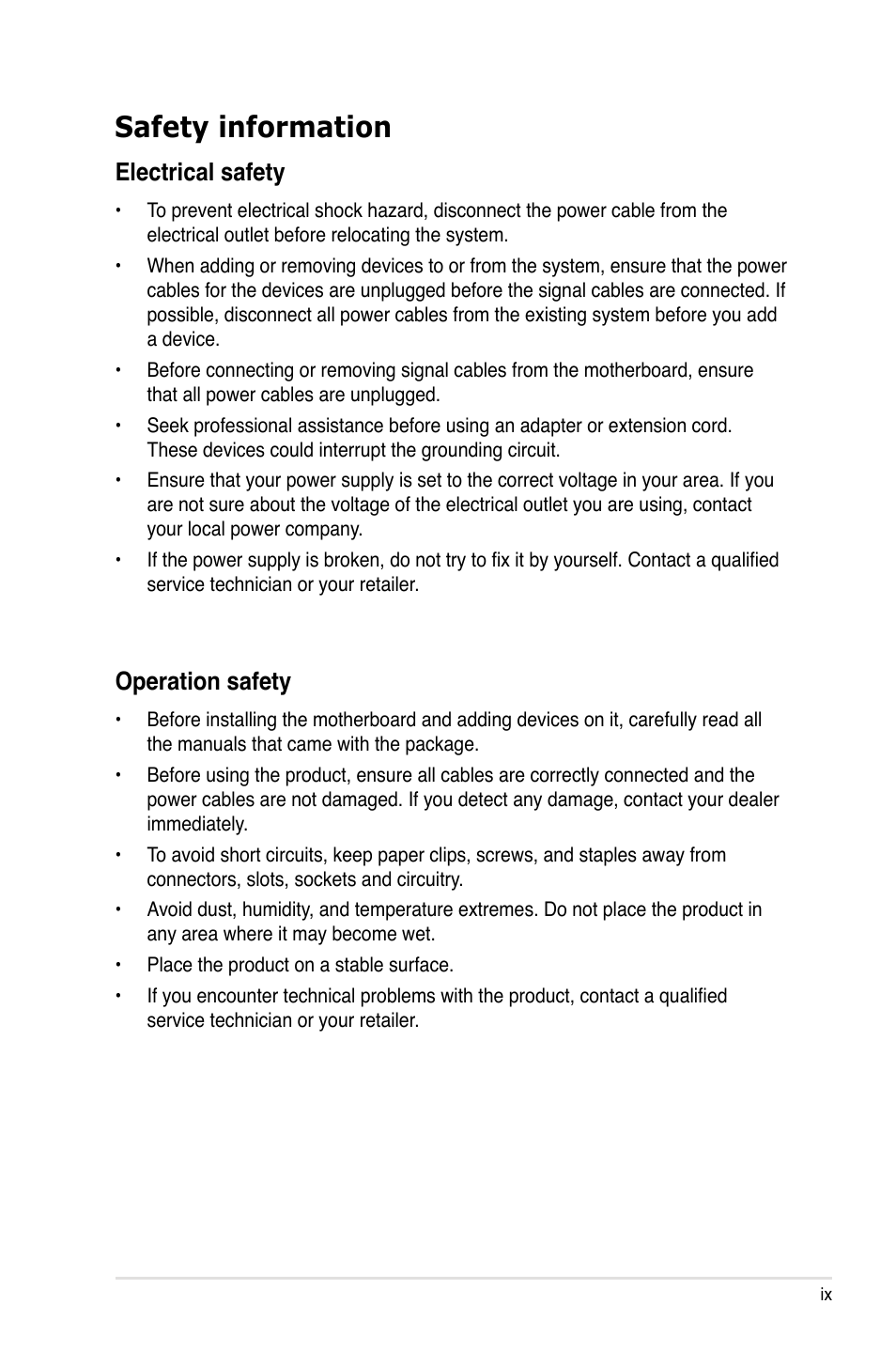 Safety information, Electrical safety, Operation safety | Asus P9X79 WS User Manual | Page 9 / 186