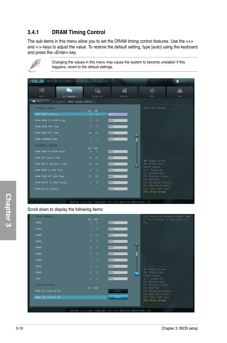 1 dram timing control, Dram timing control -10, Chapter 3 | Asus P9X79 WS User Manual | Page 90 / 186