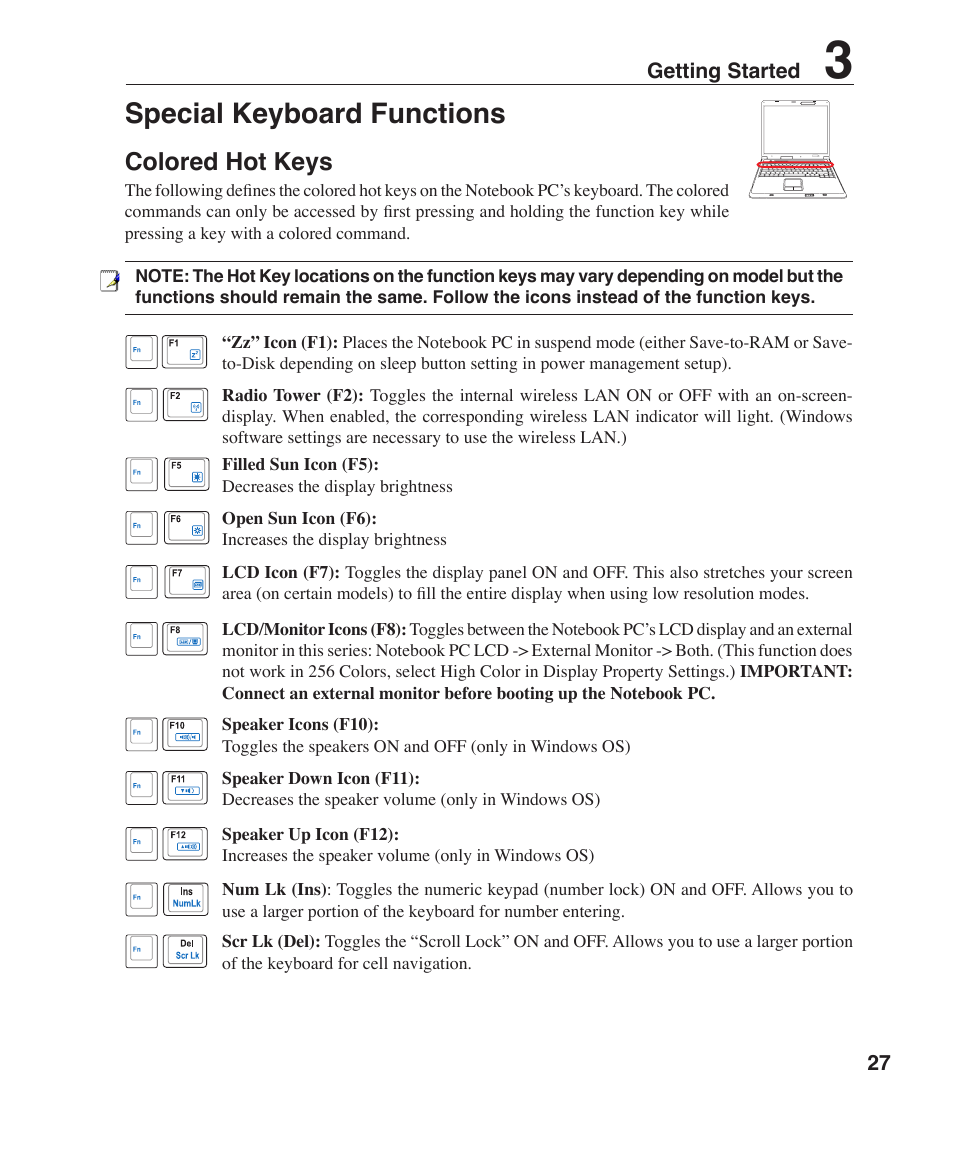 Special keyboard functions, Colored hot keys | Asus Z91FR User Manual | Page 27 / 65