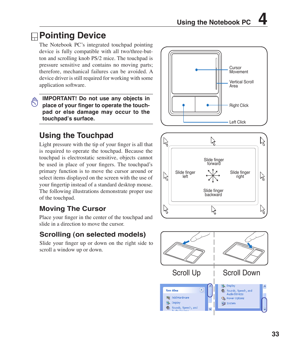 Pointing device, Using the touchpad, Scroll down scroll up | Asus Z91FR User Manual | Page 33 / 65