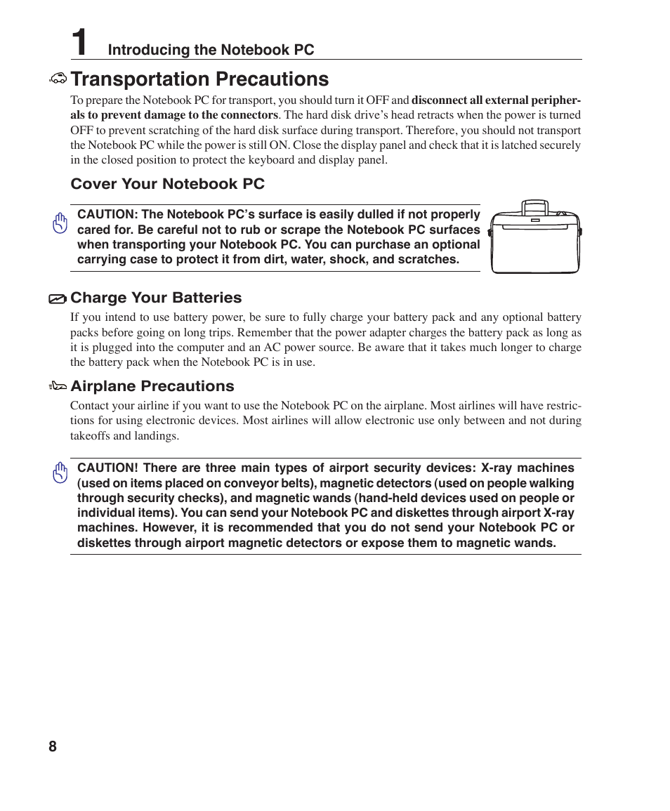 Transportation precautions | Asus Z91FR User Manual | Page 8 / 65