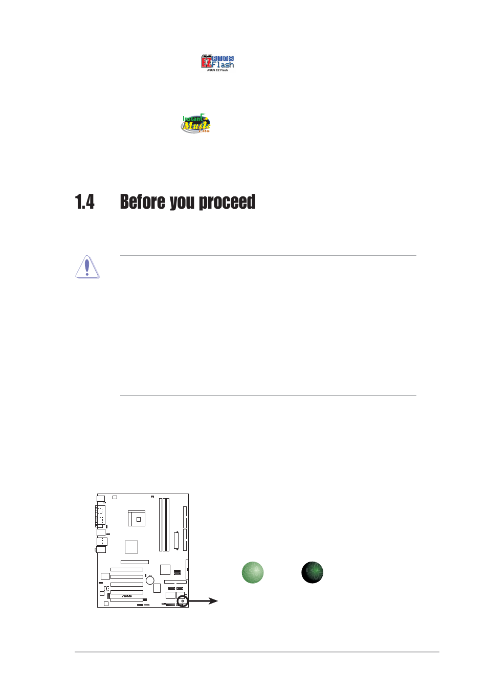 4 before you proceed, Asus ez flash bios, Instant music lite | Onboard led, Asus k8v motherboard 1-5 | Asus K8V User Manual | Page 15 / 92