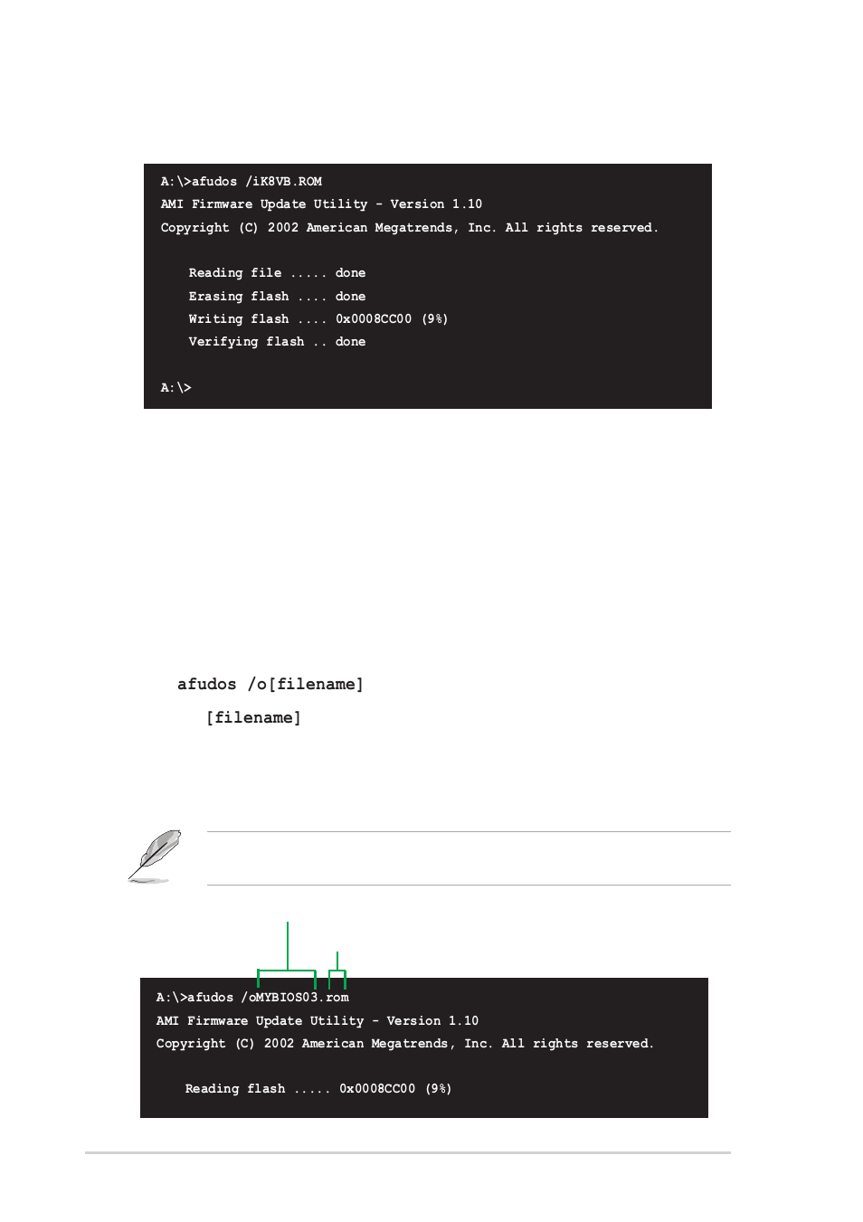 3 using afudos to copy bios from pc, 4 chapter 2: bios setup, Reboot the system from the hard disk | Asus K8V User Manual | Page 40 / 92