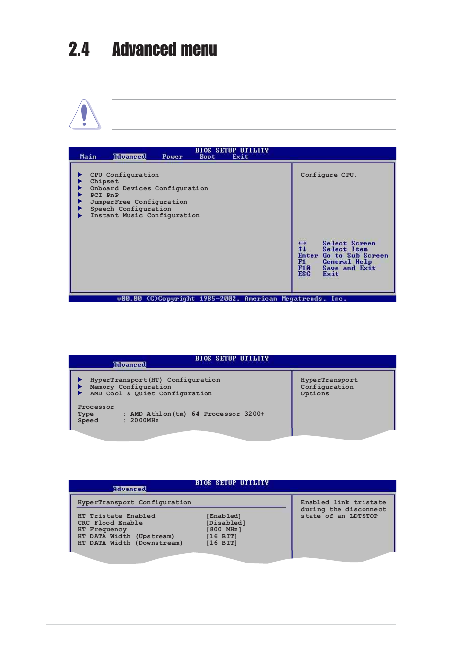 4 advanced menu, 1 cpu configuration, Hypertransport configuration | Ht tristate enable [enabled, 14 chapter 2: bios setup | Asus K8V User Manual | Page 50 / 92