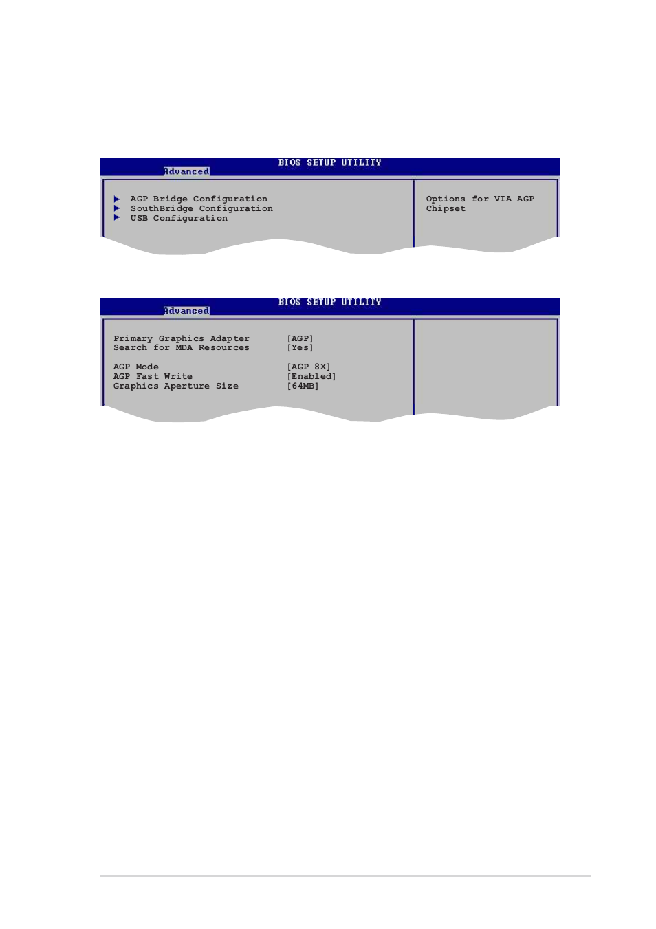 2 chipset, Agp bridge configuration, Primary graphics adapter [agp | Search for mda resources [yes, Agp mode [agp 8x, Agp fast write [enabled, Graphics aperture size [64mb, Asus k8v motherboard 2-19 | Asus K8V User Manual | Page 55 / 92