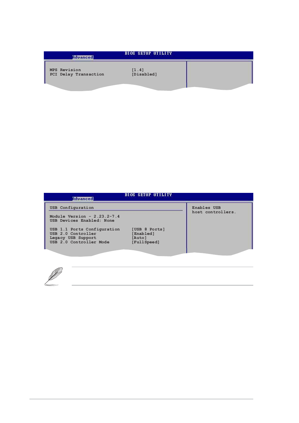 Southbridge configuration mps revision [1.4, Pci delay transaction [disabled, Usb configuration | Usb 1.1 ports configuration [usb 8 ports, Usb 2.0 controller [enabled, 20 chapter 2: bios setup | Asus K8V User Manual | Page 56 / 92