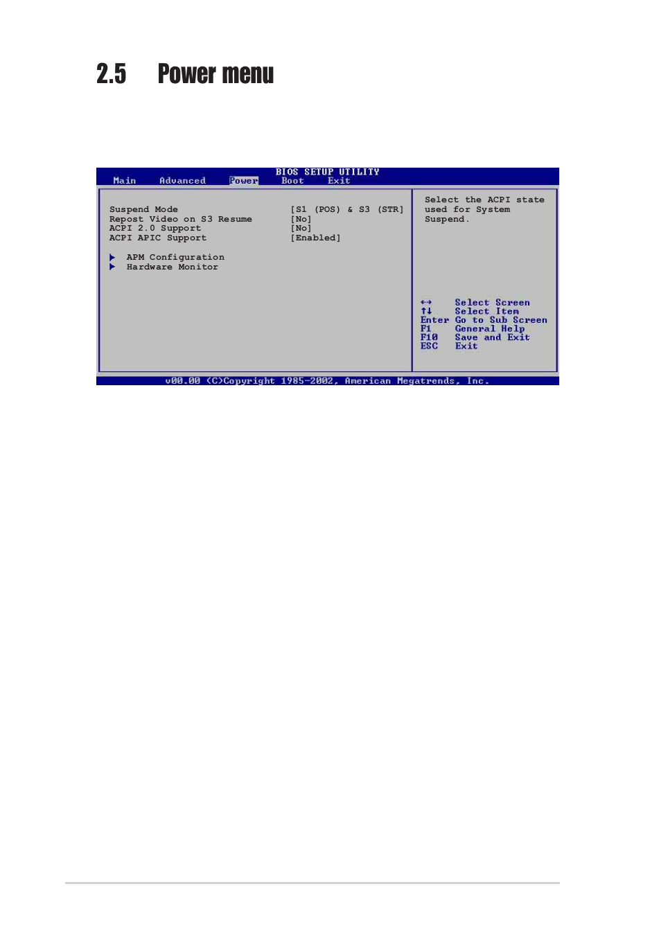 5 power menu, 1 suspend mode [s1 (pos) & s3 (str), 2 repost video on s3 resume [no | 3 acpi 2.0 support [no, 4 acpi apic support [enabled | Asus K8V User Manual | Page 62 / 92