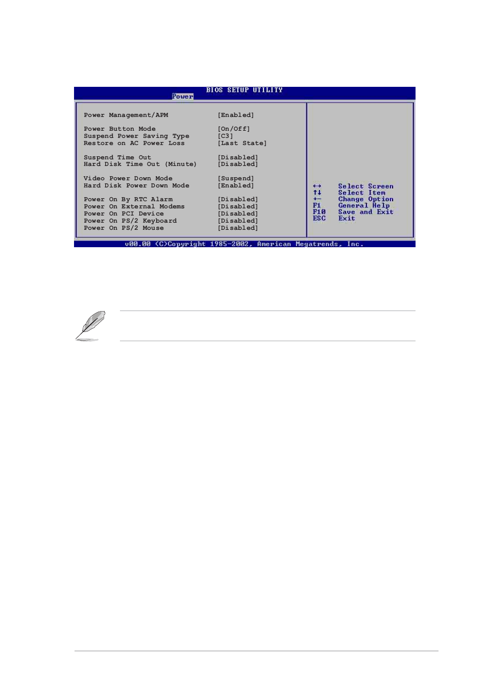 5 apm configuration, Power management/apm [enabled, Power button mode [on/off | Suspend power saving type [c3, Restore on ac power loss [last state, Suspend time out [disabled, Asus k8v motherboard 2-27 | Asus K8V User Manual | Page 63 / 92