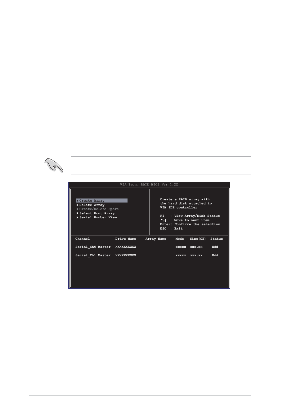 2 entering via tech raid bios utility, 8 chapter 3: software support, Enter | View array/disk status, Move to the next item, Confirm the selection, Exit | Asus K8V User Manual | Page 78 / 92