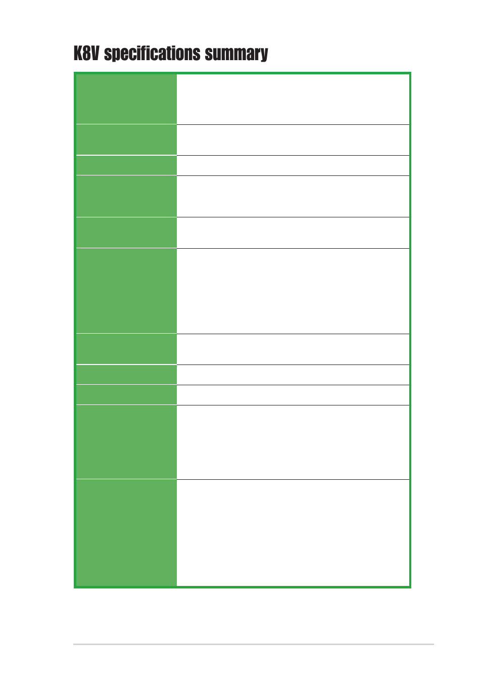 K8v specifications summary | Asus K8V User Manual | Page 9 / 92