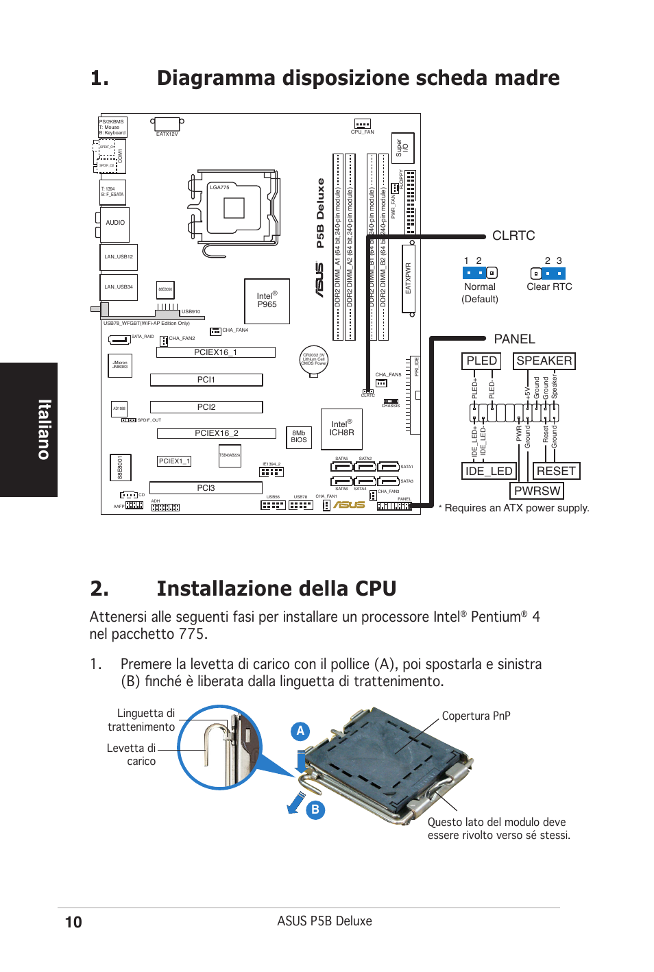 Italiano, Pentium, Asus p5b deluxe | Ab b, Clrtc, Panel, Reset, Pwrsw, Pled speaker, Ide_led | Asus P5B Deluxe/WiFi-AP User Manual | Page 10 / 50