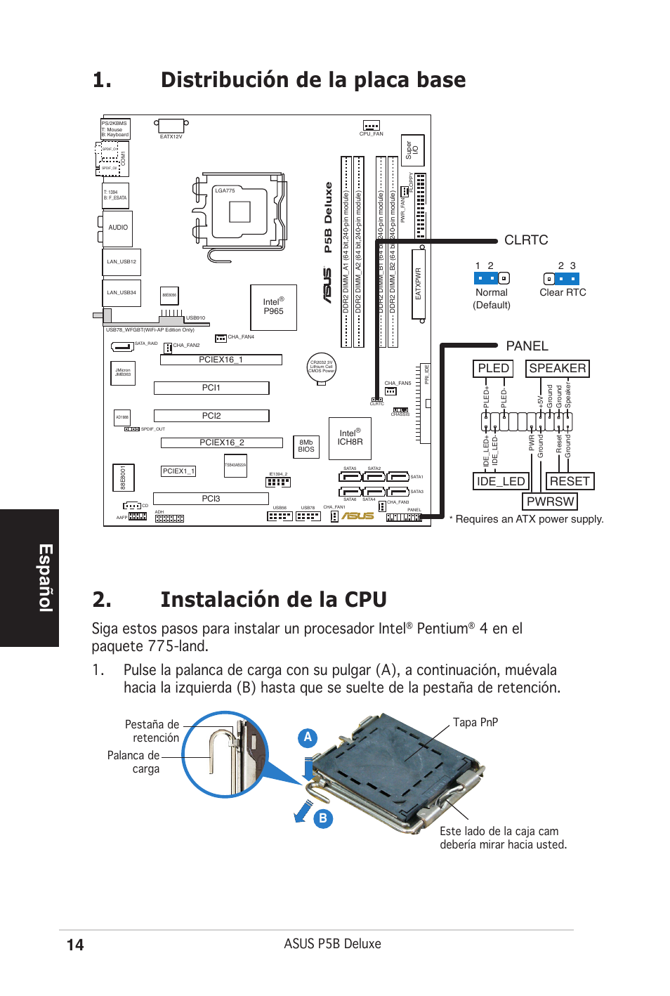 Español, Siga estos pasos para instalar un procesador intel, Pentium | Asus p5b deluxe, Ab b, Clrtc, Panel, Reset, Pwrsw, Pled speaker | Asus P5B Deluxe/WiFi-AP User Manual | Page 14 / 50