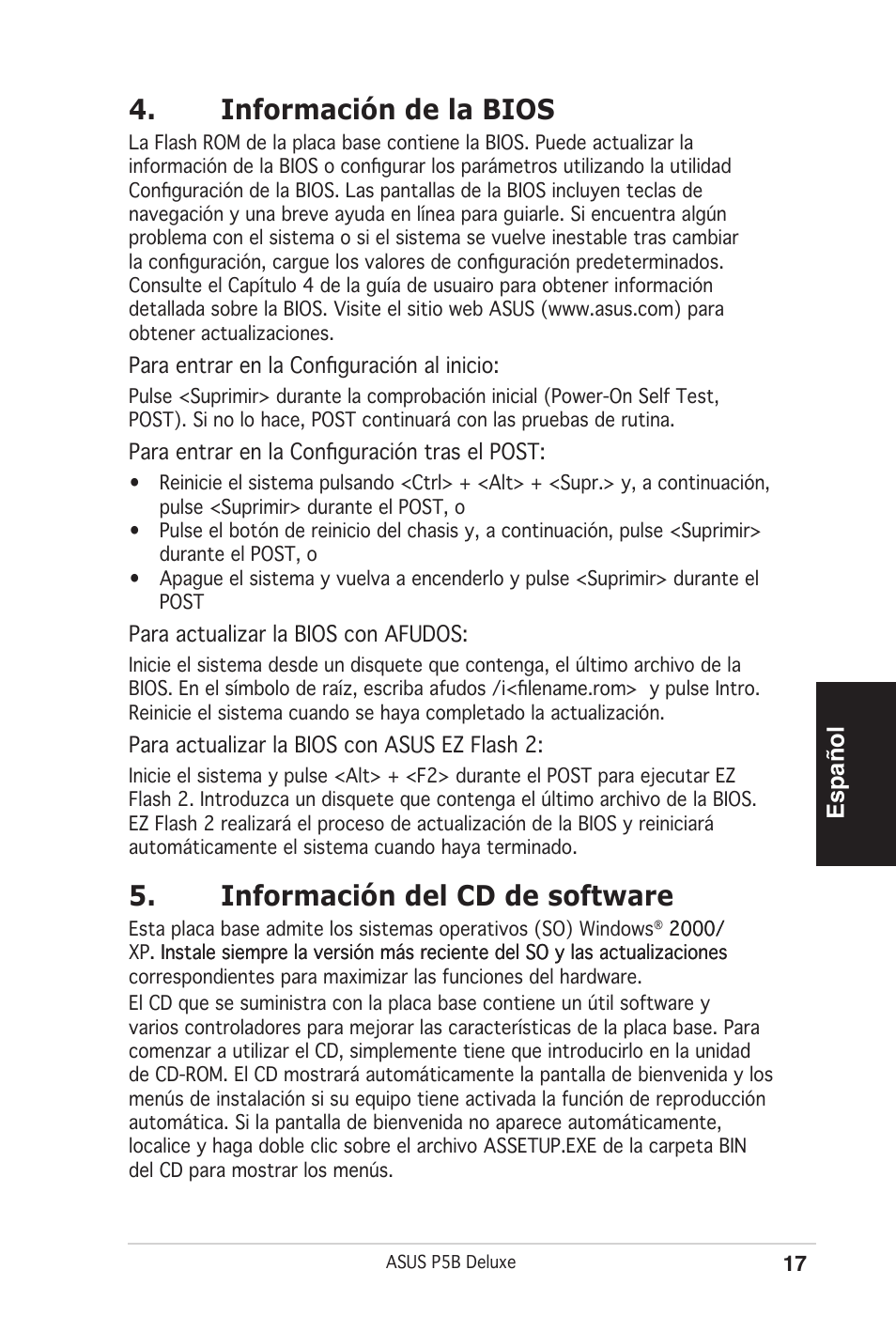 Información de la bios, Información del cd de software, Español | Asus P5B Deluxe/WiFi-AP User Manual | Page 17 / 50