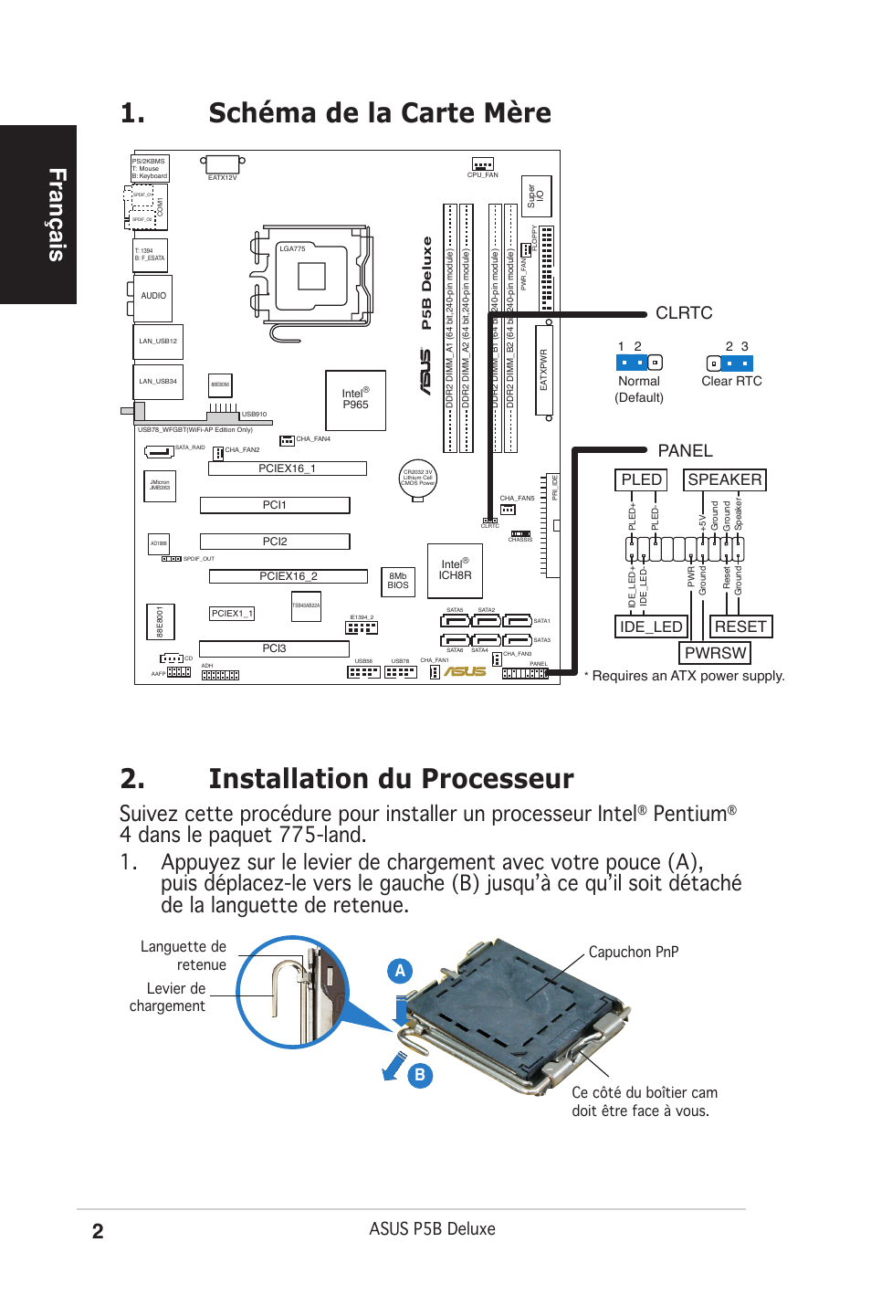 Français, Pentium, Asus p5b deluxe | Ab b, Clrtc, Panel, Reset, Pwrsw, Pled speaker, Ide_led | Asus P5B Deluxe/WiFi-AP User Manual | Page 2 / 50