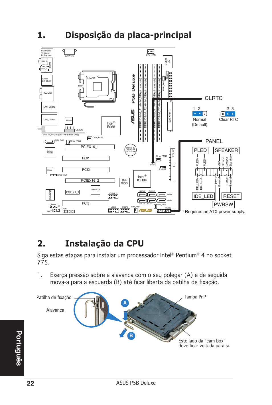 Disposição da placa-principal 2. instalação da cpu, Português, Pentium | Asus p5b deluxe, Ab b, Clrtc, Panel, Reset, Pwrsw, Pled speaker | Asus P5B Deluxe/WiFi-AP User Manual | Page 22 / 50