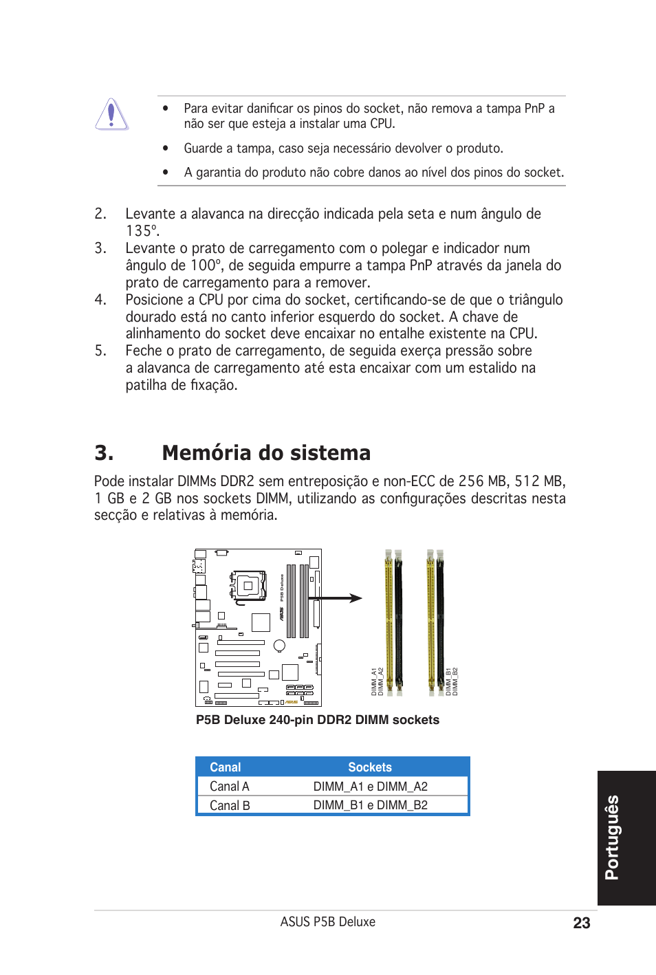 Memória do sistema, Português | Asus P5B Deluxe/WiFi-AP User Manual | Page 23 / 50