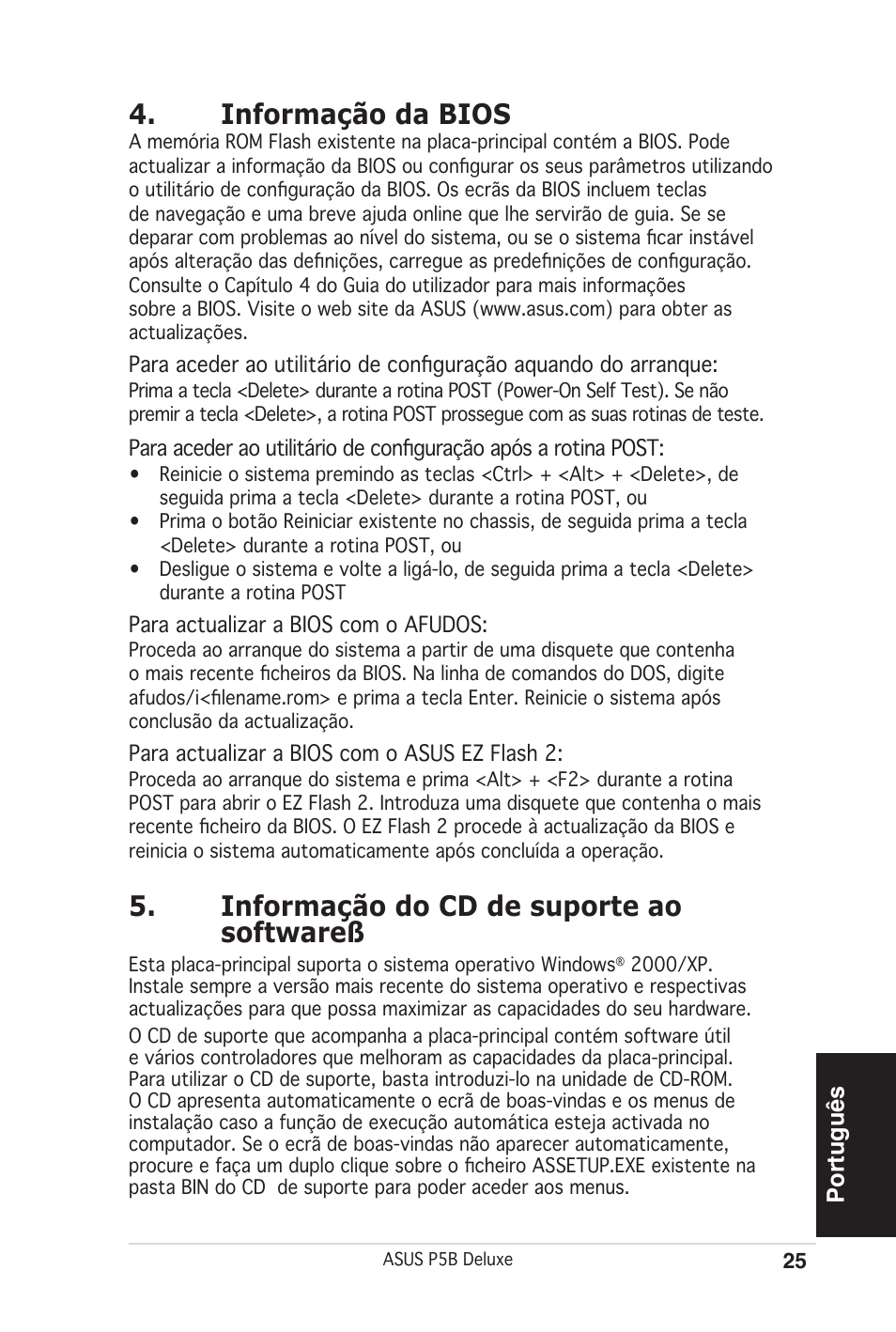 Informação da bios, Informação do cd de suporte ao softwareß, Português | Asus P5B Deluxe/WiFi-AP User Manual | Page 25 / 50