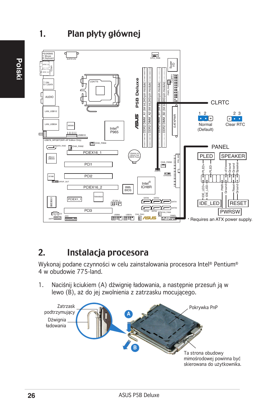 Plan płyty głównej 2. instalacja procesora, Polski, Pentium | Asus p5b deluxe, Ab b, Clrtc, Panel, Reset, Pwrsw, Pled speaker | Asus P5B Deluxe/WiFi-AP User Manual | Page 26 / 50