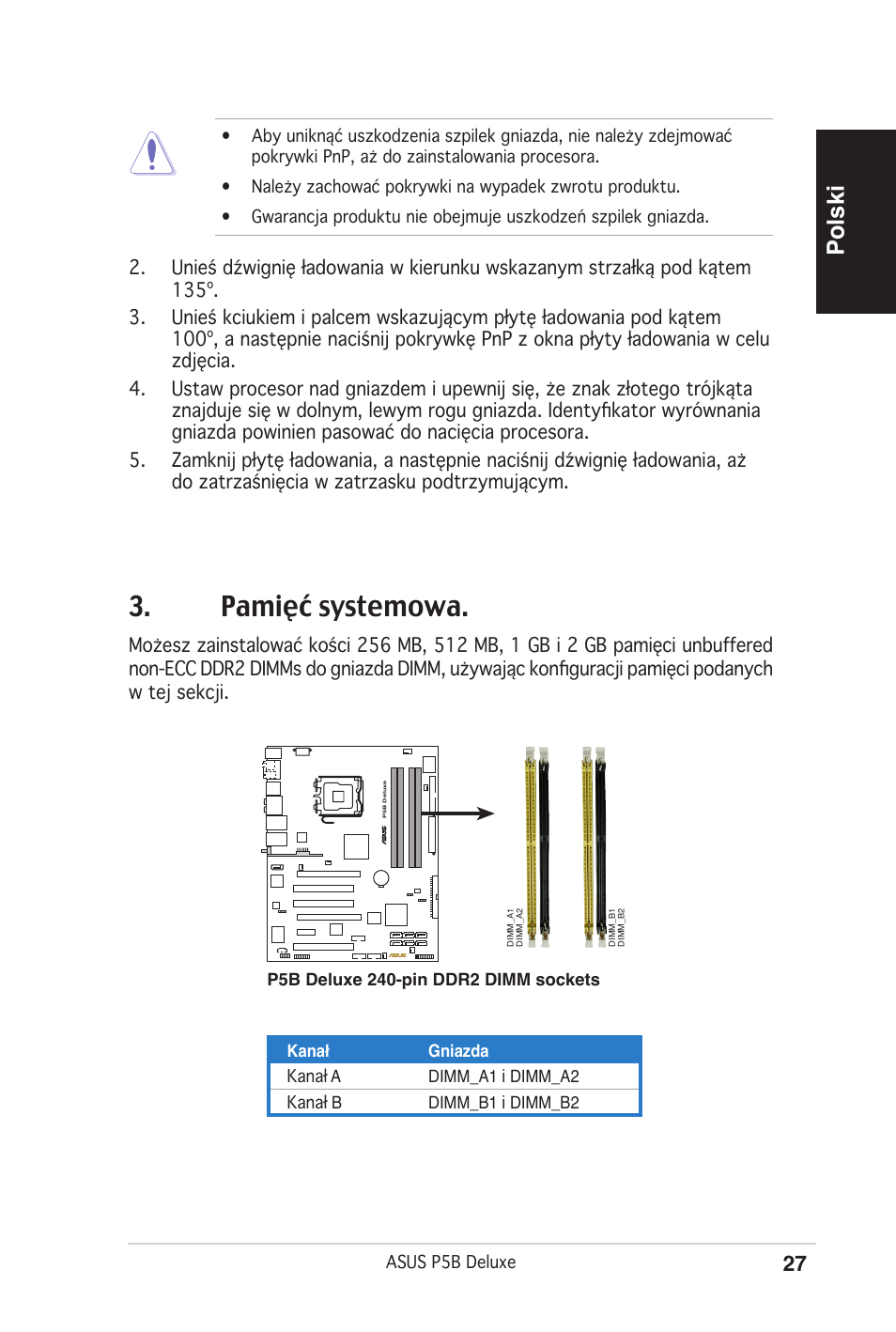 Pamięć systemowa, Polski | Asus P5B Deluxe/WiFi-AP User Manual | Page 27 / 50