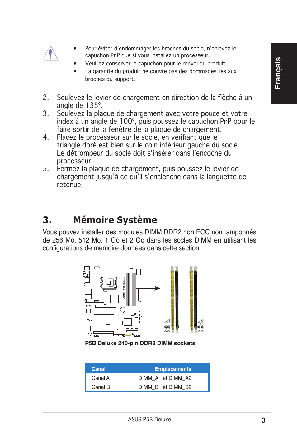 Mémoire système, Français | Asus P5B Deluxe/WiFi-AP User Manual | Page 3 / 50