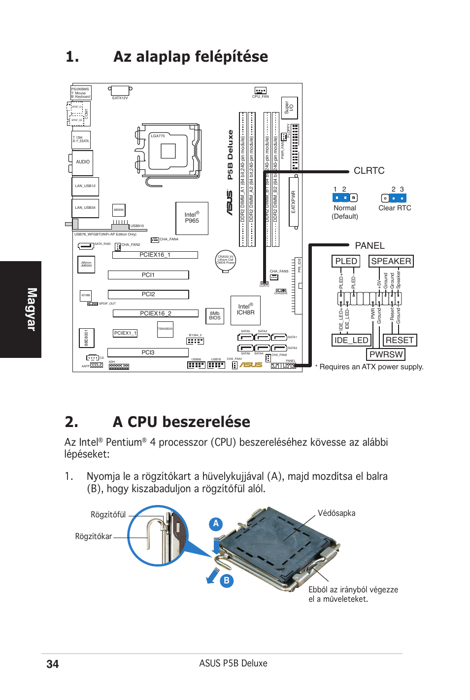 Az alaplap felépítése 2. a cpu beszerelése, Magyar, Az intel | Pentium, Asus p5b deluxe, Ab b, Clrtc, Panel, Reset, Pwrsw | Asus P5B Deluxe/WiFi-AP User Manual | Page 34 / 50