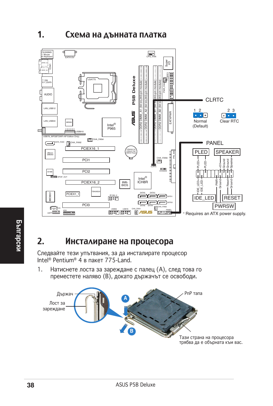 Български, Pentium, Asus p5b deluxe | Ab b, Clrtc, Panel, Reset, Pwrsw, Pled speaker, Ide_led | Asus P5B Deluxe/WiFi-AP User Manual | Page 38 / 50