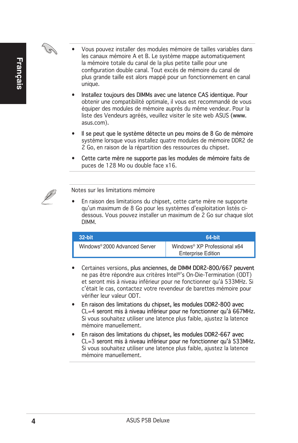 Français | Asus P5B Deluxe/WiFi-AP User Manual | Page 4 / 50