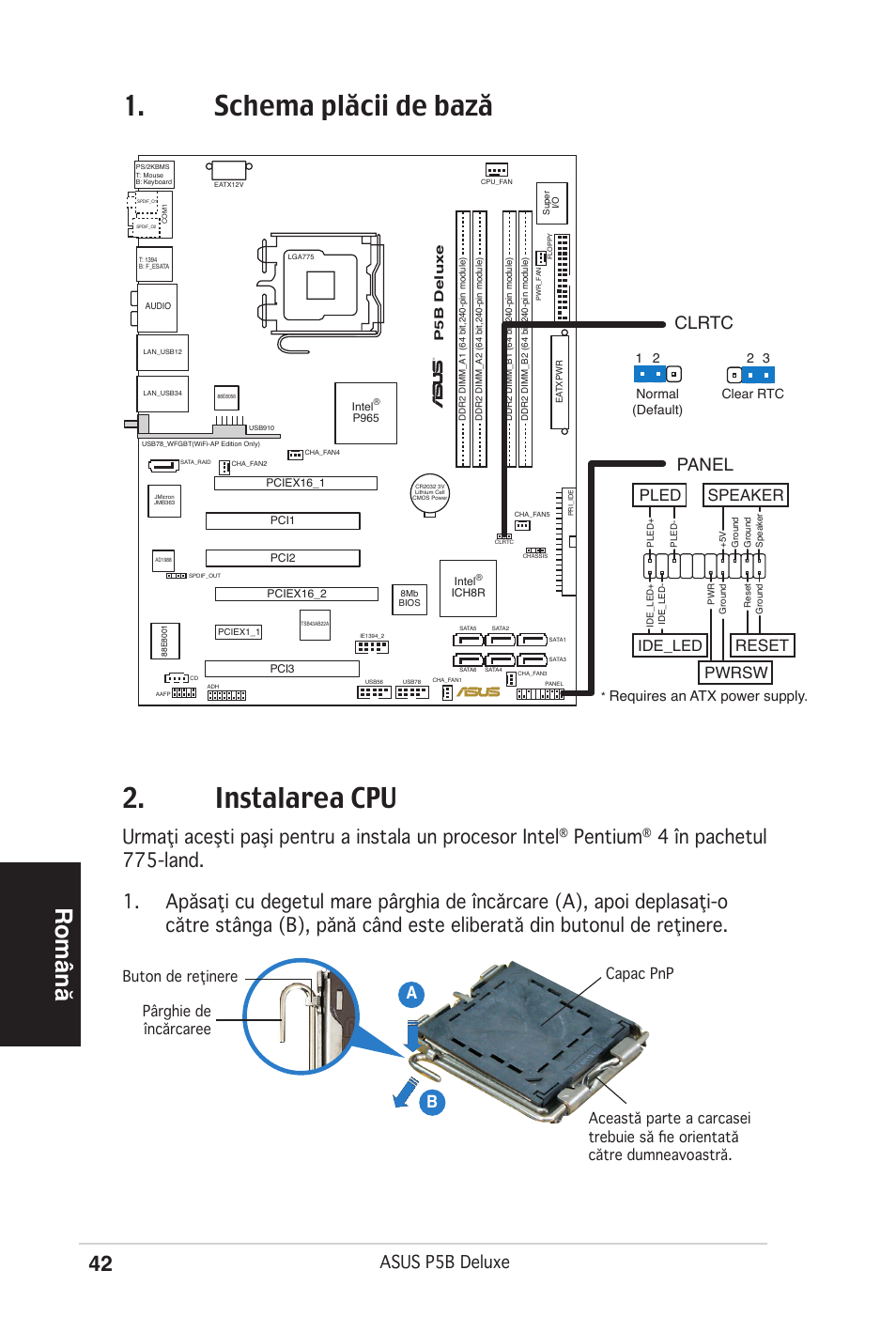 Schema plăcii de bază 2. instalarea cpu, Română, Pentium | Asus p5b deluxe, Ab b, Clrtc, Panel, Reset, Pwrsw, Pled speaker | Asus P5B Deluxe/WiFi-AP User Manual | Page 42 / 50