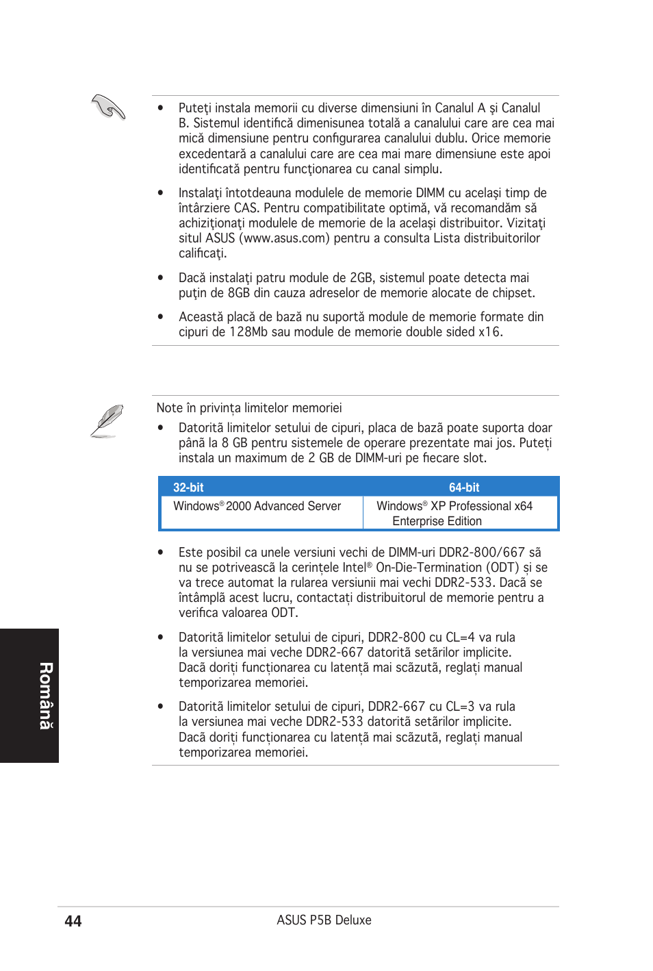 Română | Asus P5B Deluxe/WiFi-AP User Manual | Page 44 / 50