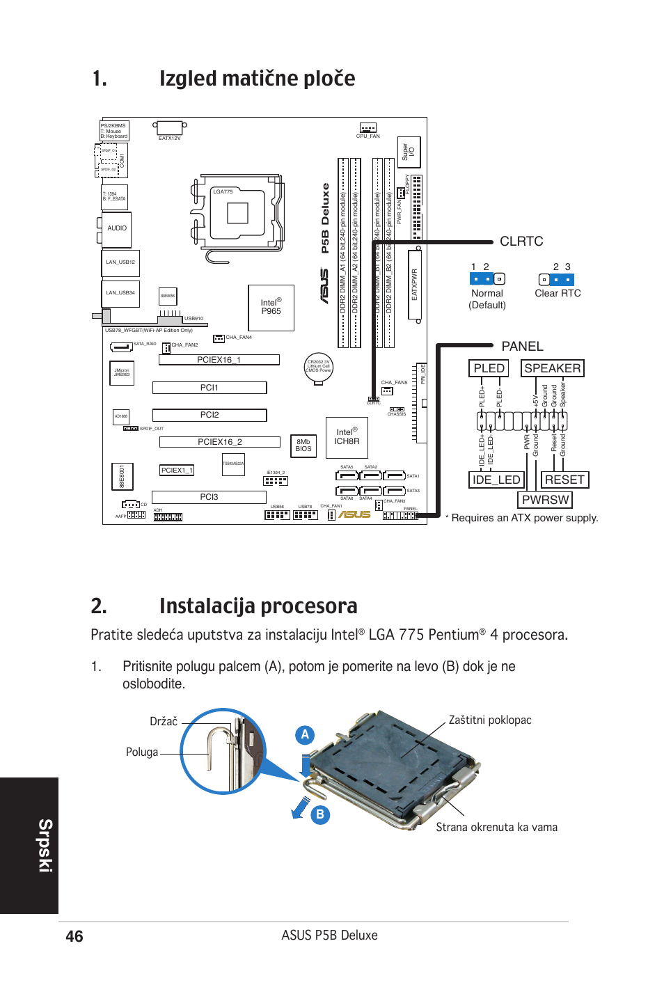 Izgled matične ploče 2. instalacija procesora, Srpski, Pratite sledeća uputstva za instalaciju �ntel | Lga ����5 pentium, Asus p5b deluxe, Ab b, Clrtc, Panel, Reset, Pwrsw | Asus P5B Deluxe/WiFi-AP User Manual | Page 46 / 50