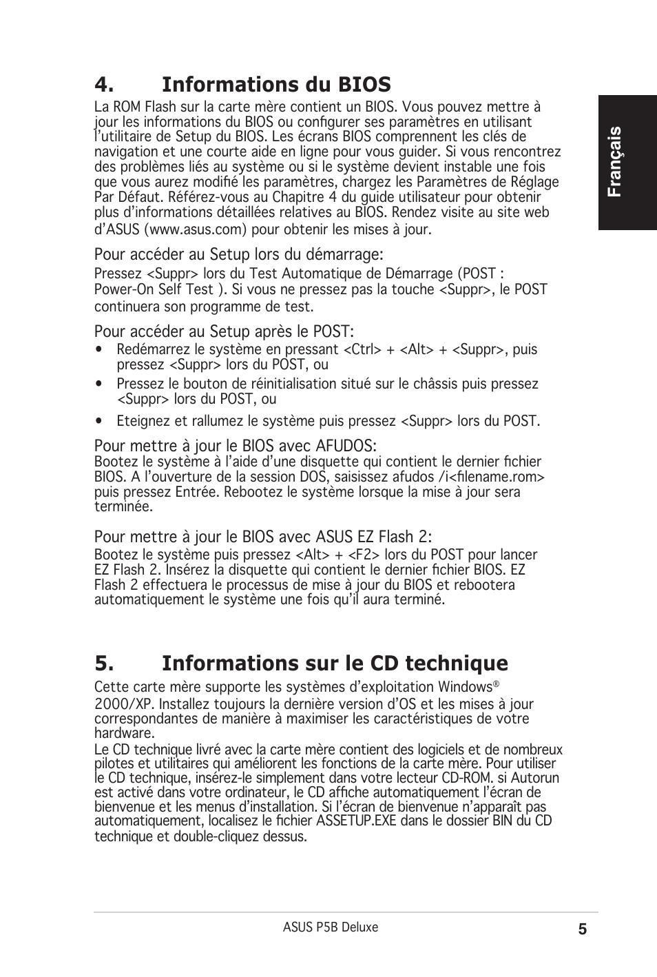 Informations du bios, Informations sur le cd technique, Français | Asus P5B Deluxe/WiFi-AP User Manual | Page 5 / 50