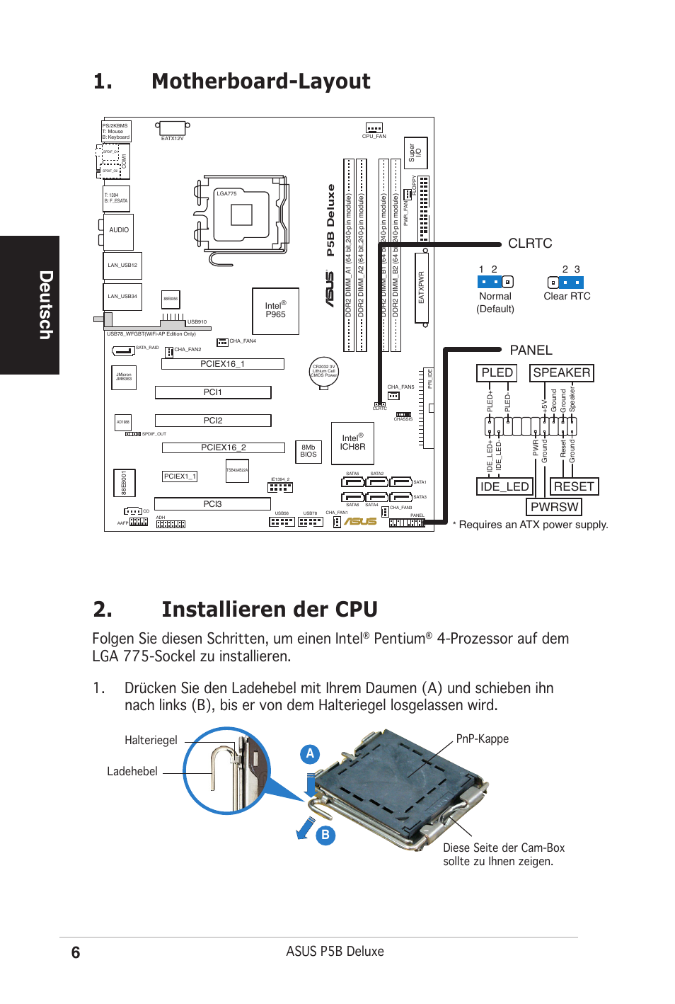 Motherboard-layout 2. installieren der cpu, Deutsch, Folgen sie diesen schritten, um einen intel | Pentium, Asus p5b deluxe, Ab b, Clrtc, Panel, Reset, Pwrsw | Asus P5B Deluxe/WiFi-AP User Manual | Page 6 / 50