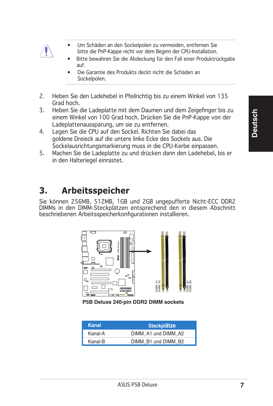 Arbeitsspeicher, Deutsch | Asus P5B Deluxe/WiFi-AP User Manual | Page 7 / 50