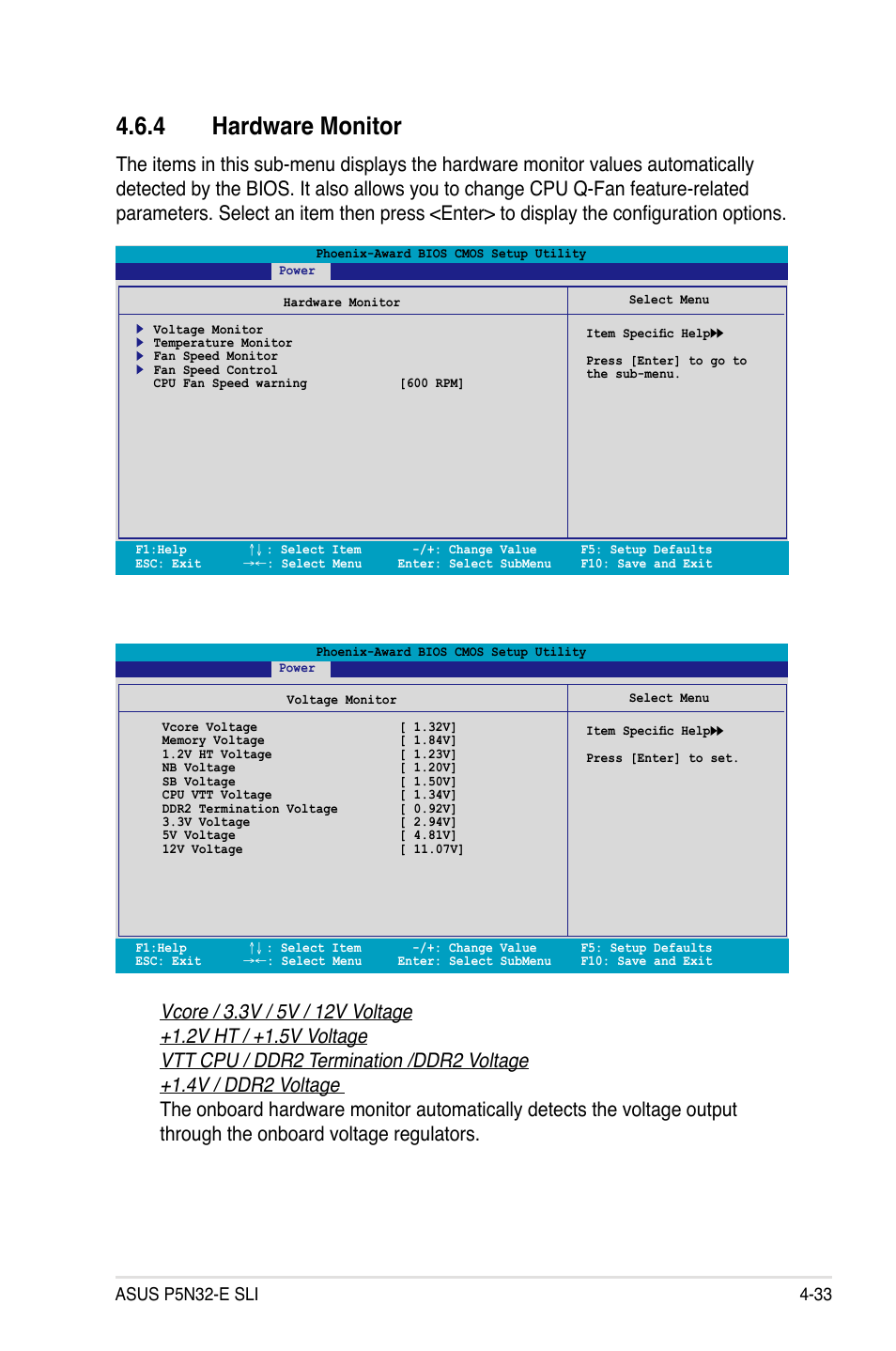4 hardware monitor, Voltage monitor | Asus P5N32-E SLI User Manual | Page 101 / 158