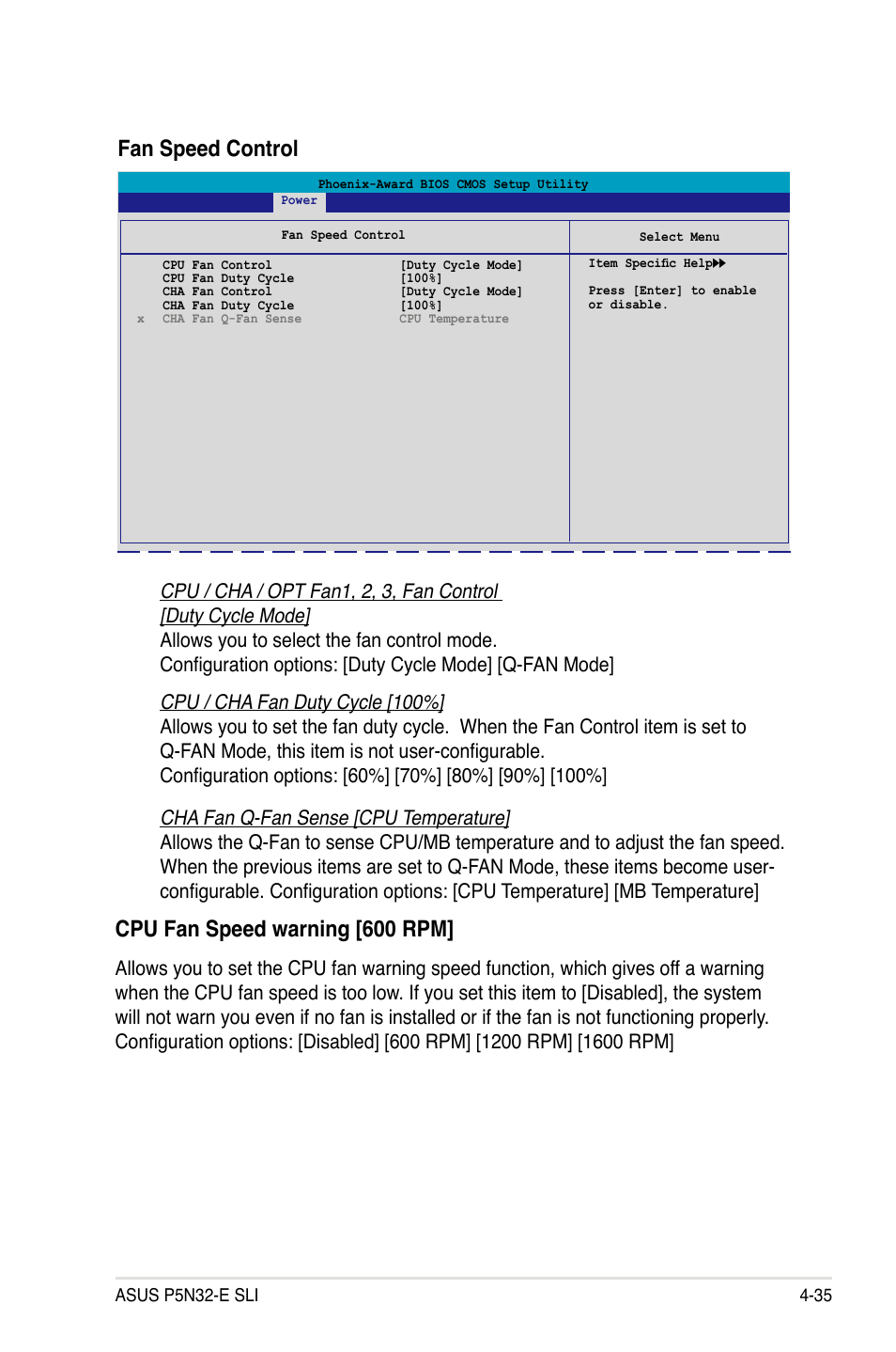 Cpu fan speed warning [600 rpm, Fan speed control | Asus P5N32-E SLI User Manual | Page 103 / 158