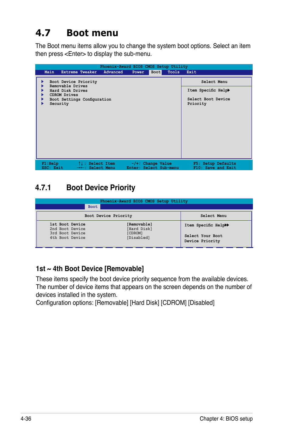 7 boot menu, 1 boot device priority, 1st ~ 4th boot device [removable | Asus P5N32-E SLI User Manual | Page 104 / 158