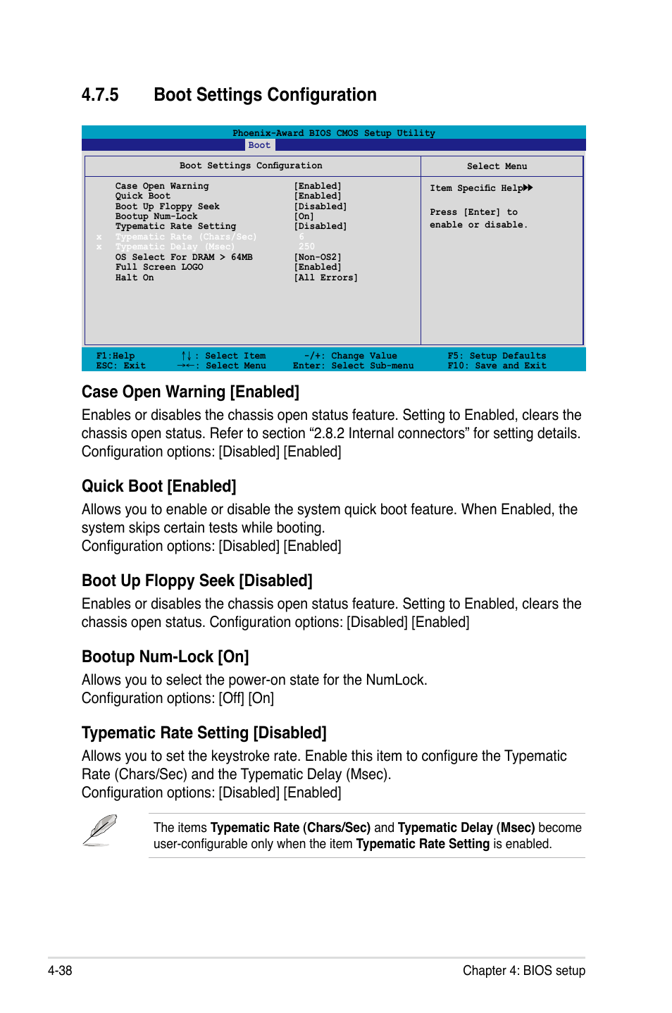 5 boot settings configuration, Case open warning [enabled, Quick boot [enabled | Boot up floppy seek [disabled, Bootup num-lock [on, Typematic rate setting [disabled | Asus P5N32-E SLI User Manual | Page 106 / 158