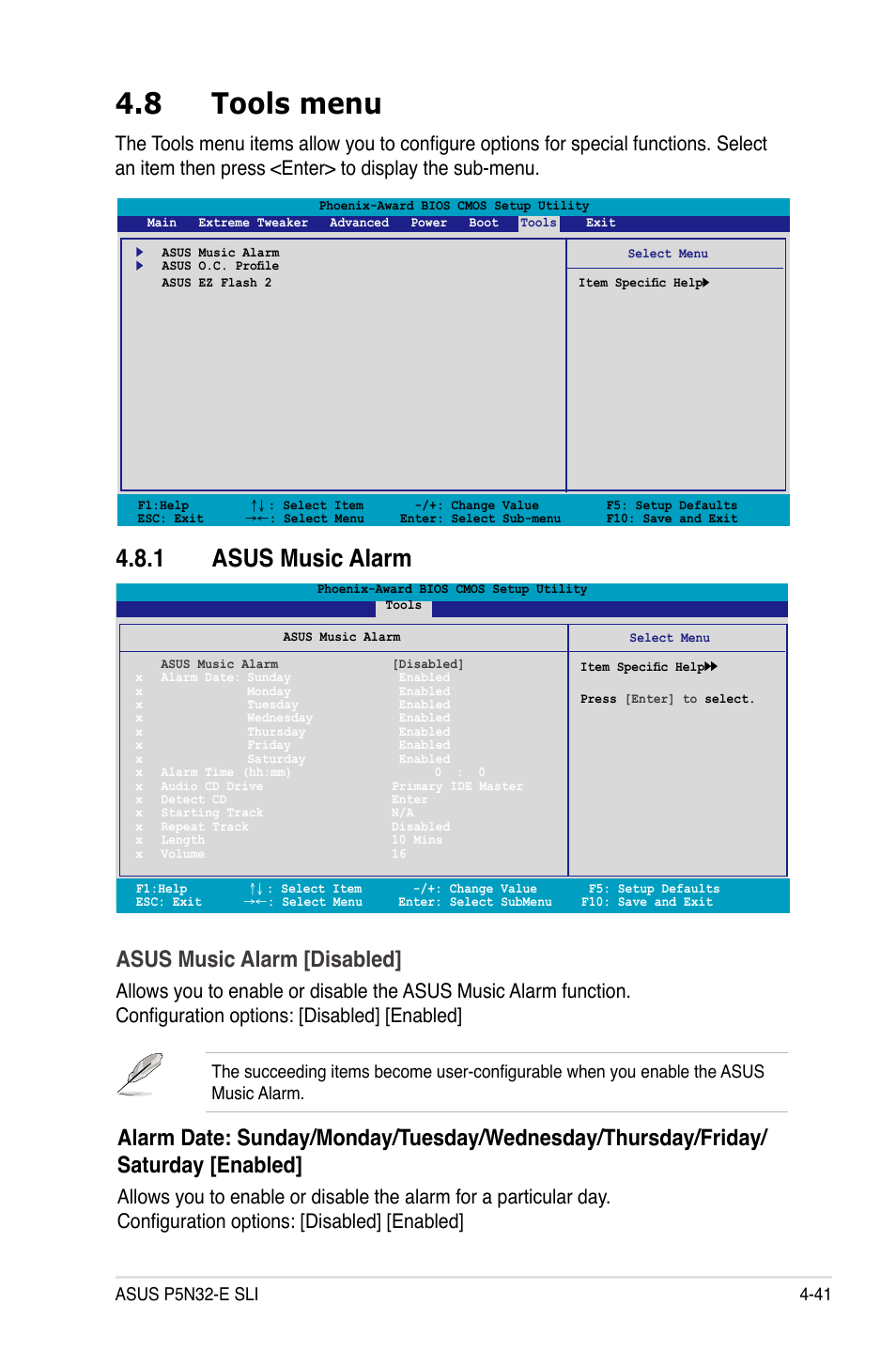 8 tools menu, 1 asus music alarm, Asus music alarm [disabled | Asus P5N32-E SLI User Manual | Page 109 / 158