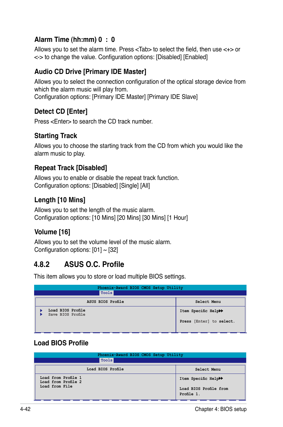 2 asus o.c. profile, Load bios profile alarm time (hh:mm) 0 : 0, Audio cd drive [primary ide master | Detect cd [enter, Starting track, Repeat track [disabled, Length [10 mins, Volume [16 | Asus P5N32-E SLI User Manual | Page 110 / 158