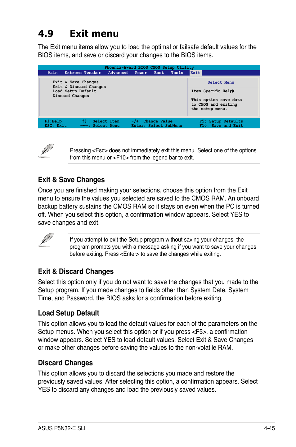 9 exit menu, Exit & save changes, Exit & discard changes | Load setup default, Discard changes | Asus P5N32-E SLI User Manual | Page 113 / 158